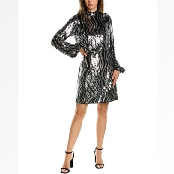 TED BAKER Sequin Mini Dress Animal Striped Print Mock Neck LS Silver Sz 0-2 / XS - Picture 15 of 15